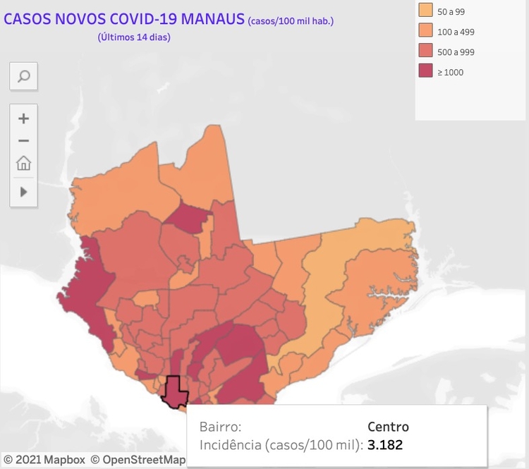 Mapa casos covid bairros Manaus - Foto: Reprodução/FVS-AM 