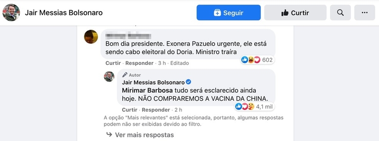 Presidente Jair Bolsonaro responde em rede social que não comprará vacina da China - Foto: Reprodução Facebook