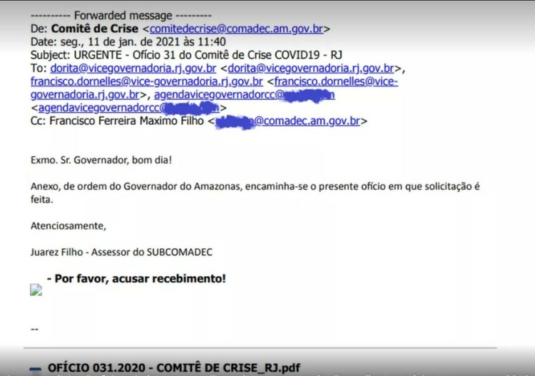 Amazonas pediu ao RJ oxigênio, mas solicitação foi enviada para e-mail errado; ex-governador Dornelles, que deixou o cargo em 2018, era um dos destinatários — Foto: Reprodução 