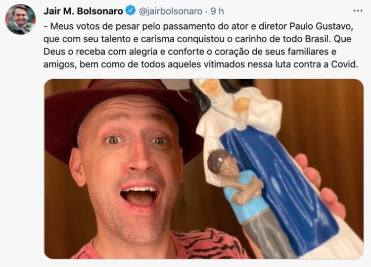 Bolsonaro lamentou morte de Paulo Gustavo nas redes - Foto: Reprodução/Twitter