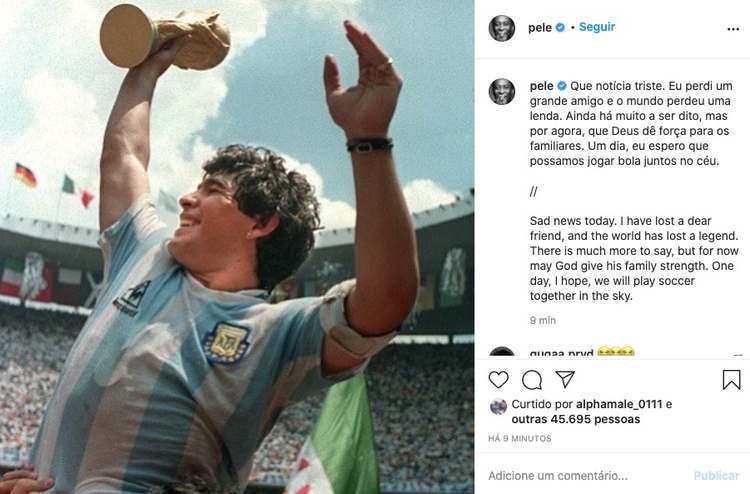 Pelé lamentou morte de Maradona em rede social - Foto: Reprodução/ Instagram