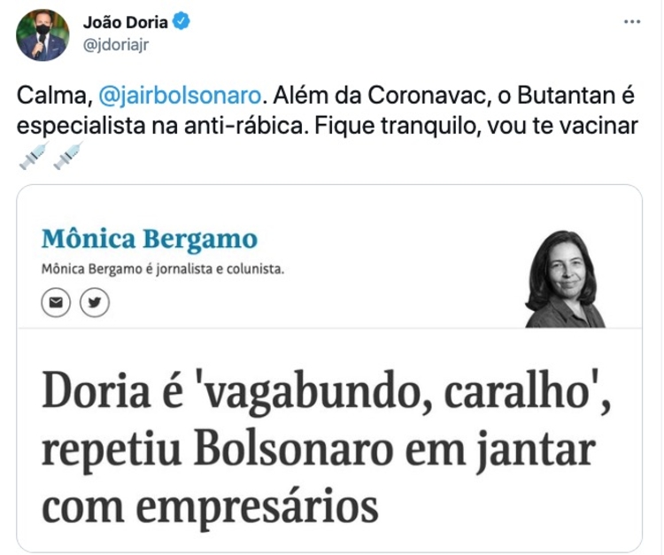 Doria rebateu comentário de Bolsonaro no Twitter - Imagem: Twitter