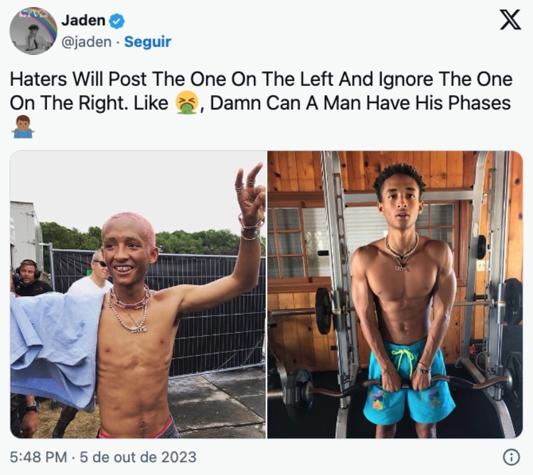 Antes e depois de Jaden - Imagem: Reprodução/Instagram