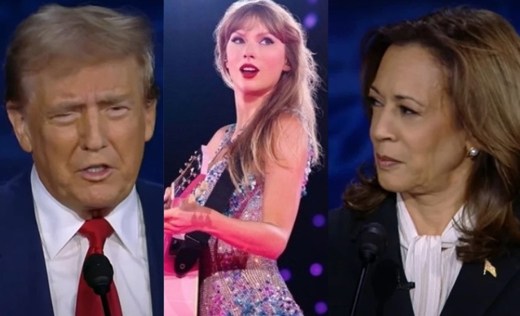 Foto de Trump e Kamala: Reprodução/Youtube - Foto de Taylor Swift: Divulgação/Documentário The Eras Tour/Disney+