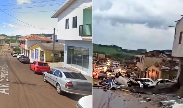Antes e depois mostra impacto do tornado na cidade — Foto: Google Street View e reprodução
