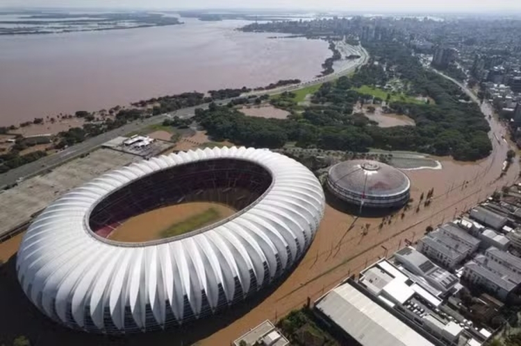 Estádio Beira-Rio é atingido pela cheia do Guaíba. Foto: Renan Mattos/ Agência RBS
