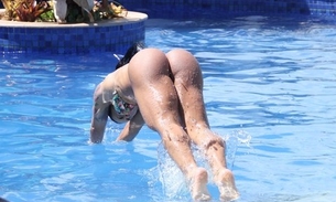 Mulher de Alexandre Frota rouba a cena em piscina de hotel