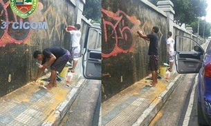 Polícia detém pichadores e os obriga a limpar praça do Japiim