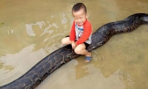 Vídeo mostra menino de 3 anos montando em píton gigante