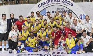 Jogadores da seleção brasileira comemoram título da Copa América de futsal de 2024. Foto: Divulgação/ Conmebol