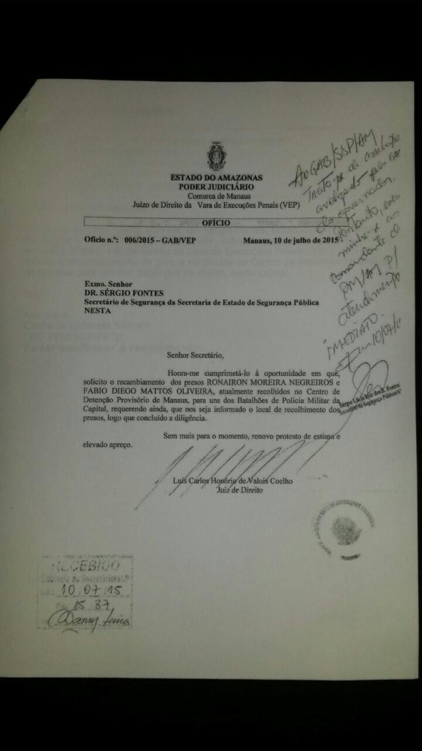 Ofício enviado pelo juiz ao secretário de segurança pública do Amazonas (Foto: Divulgação)