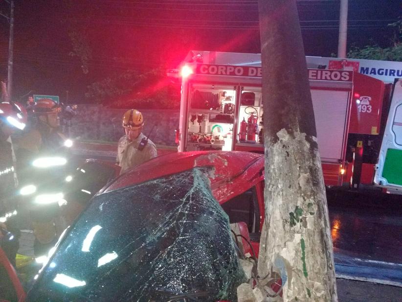Vítima ficou retida dentro do veículo e bombeiros tiveram que removê-la (Foto: Bombeiros)