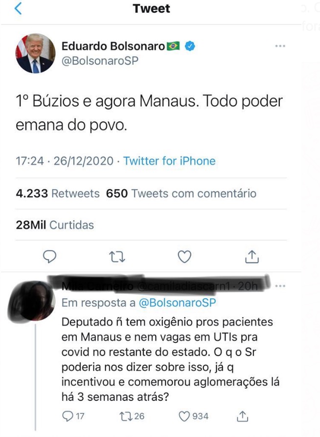 Foto: Post de Eduardo Bolsonaro sobre lockdown em Manaus