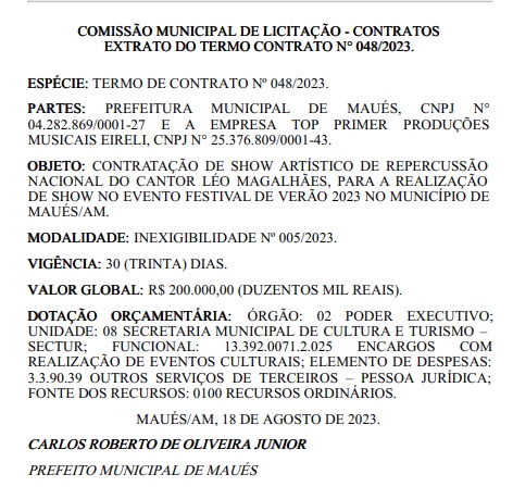 Prefeitura contrata Léo Magalhães por R$ 200 mil para show no as