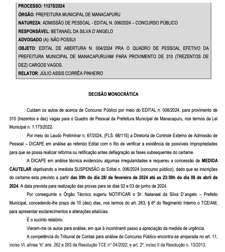 Fonte: Diário Eletrônico do TCE-AM