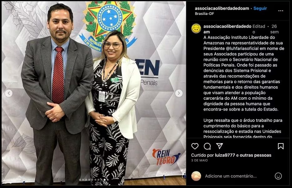 Luciane Barbosa Faria e o secretário nacional de Políticas Penais do Ministério da Justiça, Rafael Velasco Brandani Foto: Reprodução: Instagram/ @associacaoliberdadedoam
