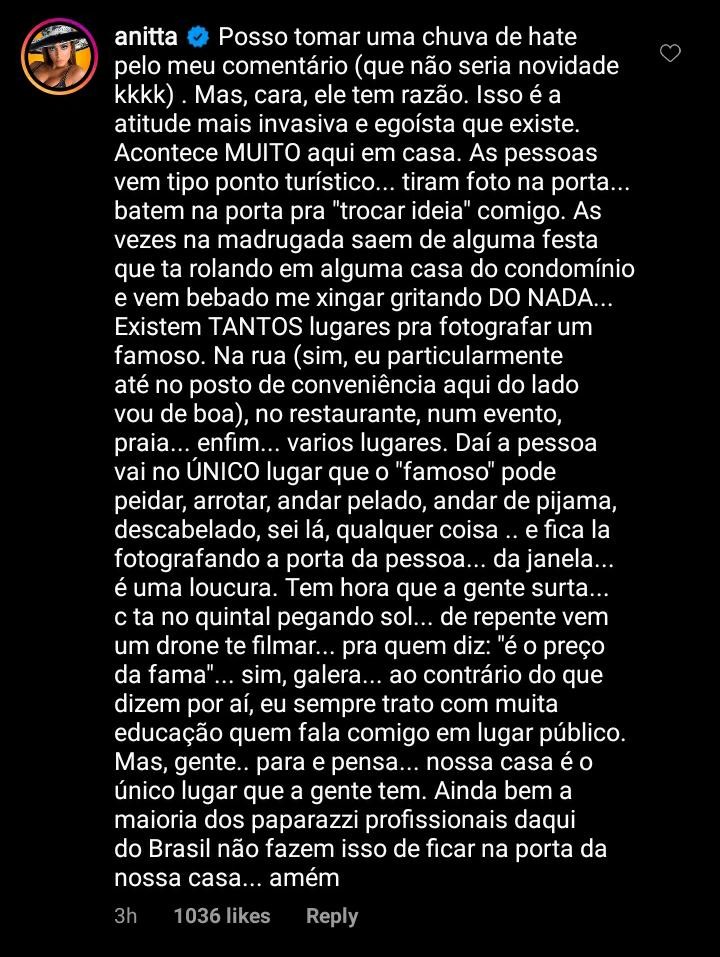 Anitta comentou sobre a indignação de Justin Bieber sobre privacidade - Foto: Reprodução/ Instagram