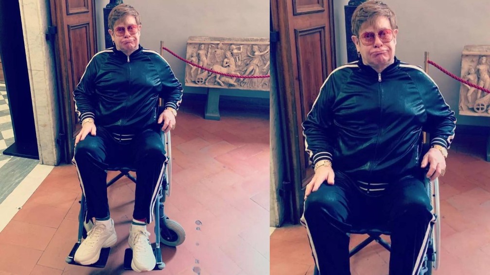 Elton John embarca em cadeira de rodas no Galeão um dia após show no Rock in Rio