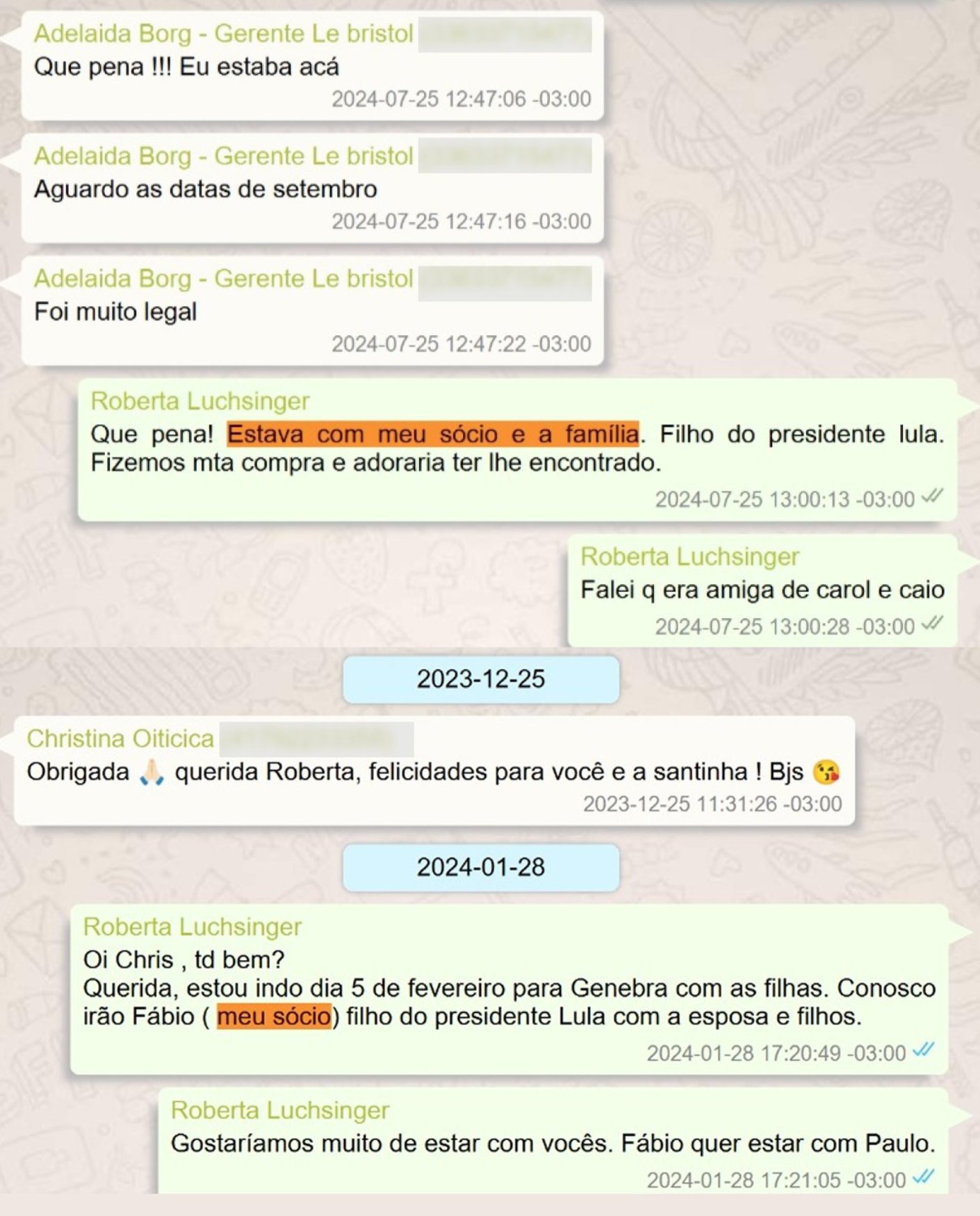 Print de mensagem de WhatsApp em que Roberta Luchsinger se refere a Lulinha como sócio