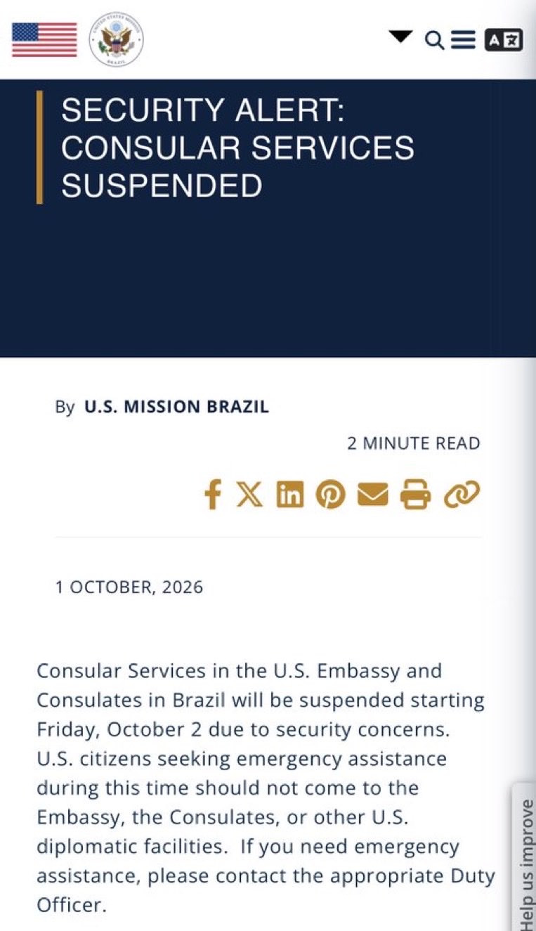 EUA suspendem serviços consulares em todo o Brasil às vésperas das eleições